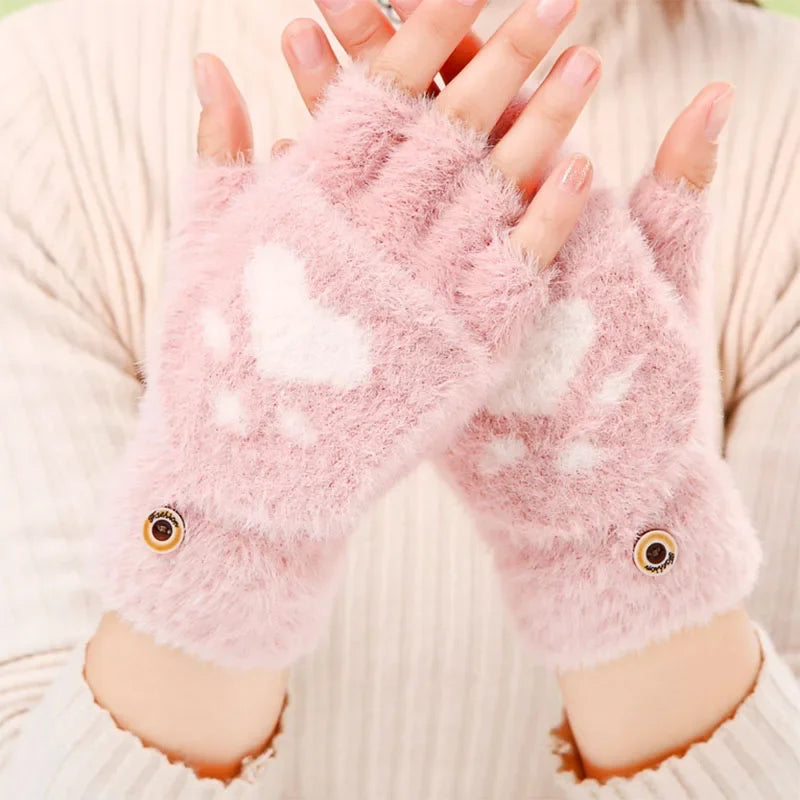 Cartoon Cat Paw Fingerless Flip Mittens – Cozy & Cute