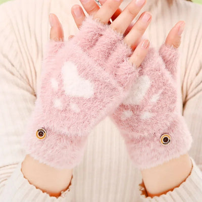 Cartoon Cat Paw Fingerless Flip Mittens – Cozy & Cute